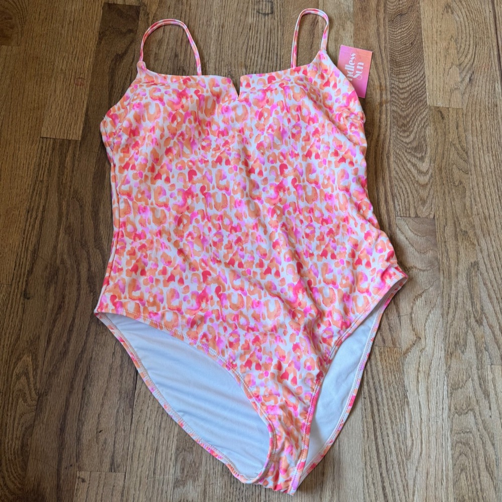 Endless Sun Coral Leopard Print One Piece Swimsuit Bralette Scoop XL NWT